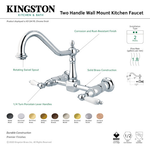 Kingston Brass Heritage Double Handle Widespread Wall Mount Kitchen